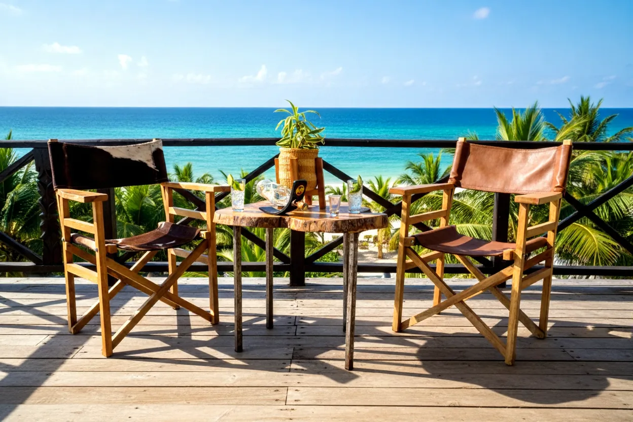 Outdoor timber chairs and live-edge table overlooking the ocean
