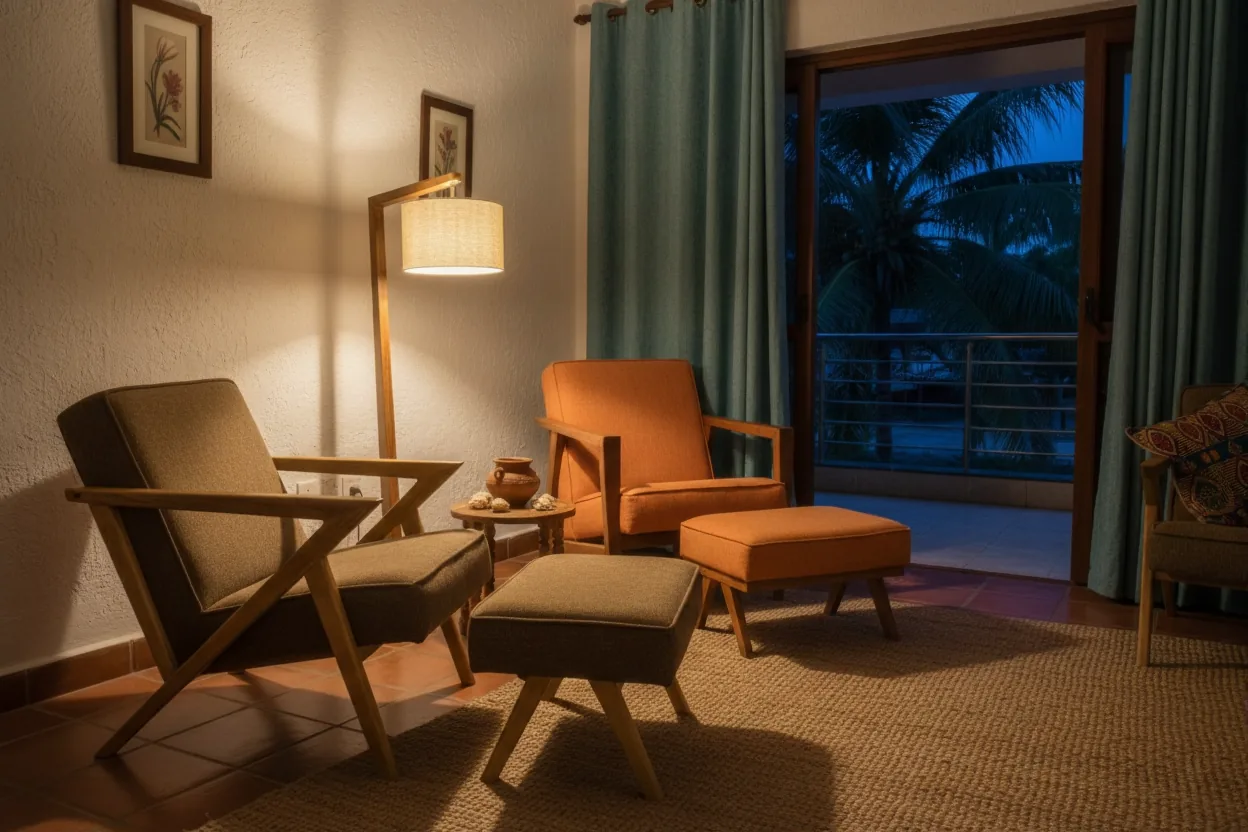 Jua Range floor lamp illuminating a coastal lounge