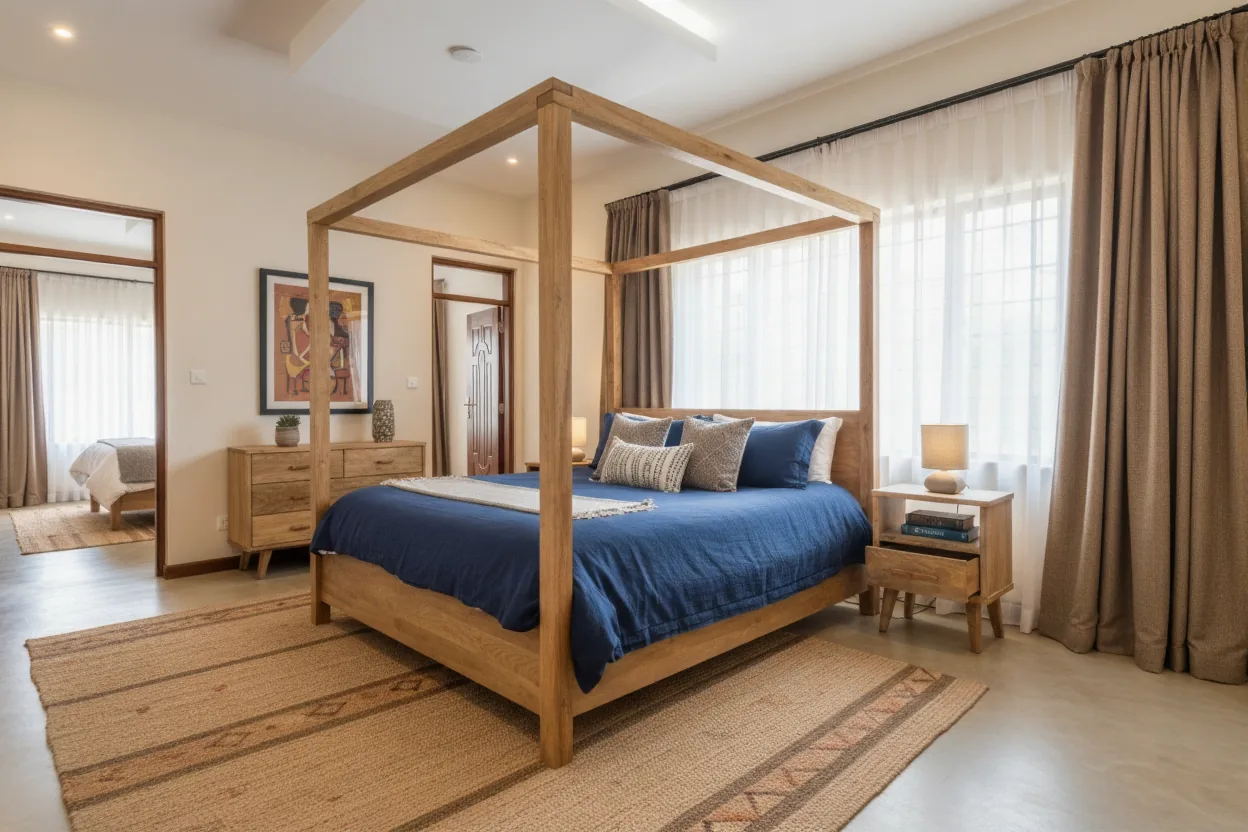 Jua Range timber four-poster bed in a furnished bedroom