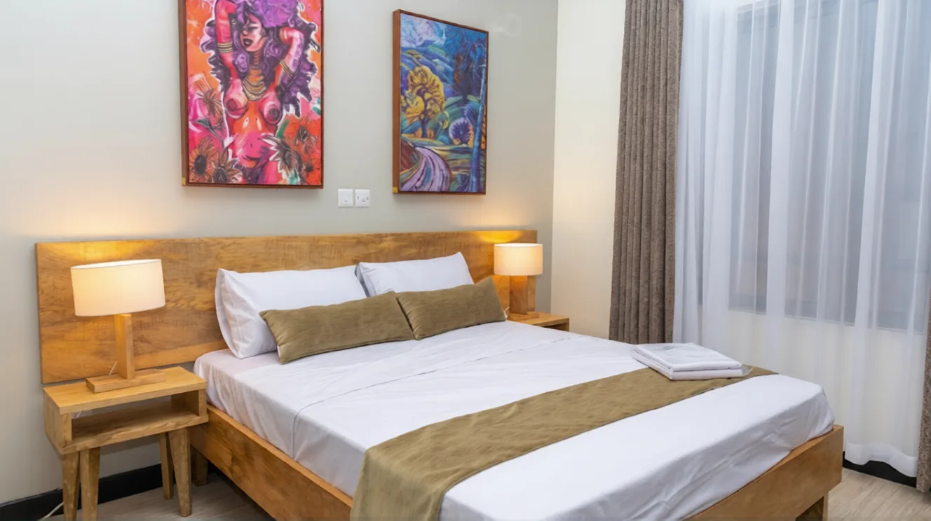 Bedroom styled with colourful contemporary African art