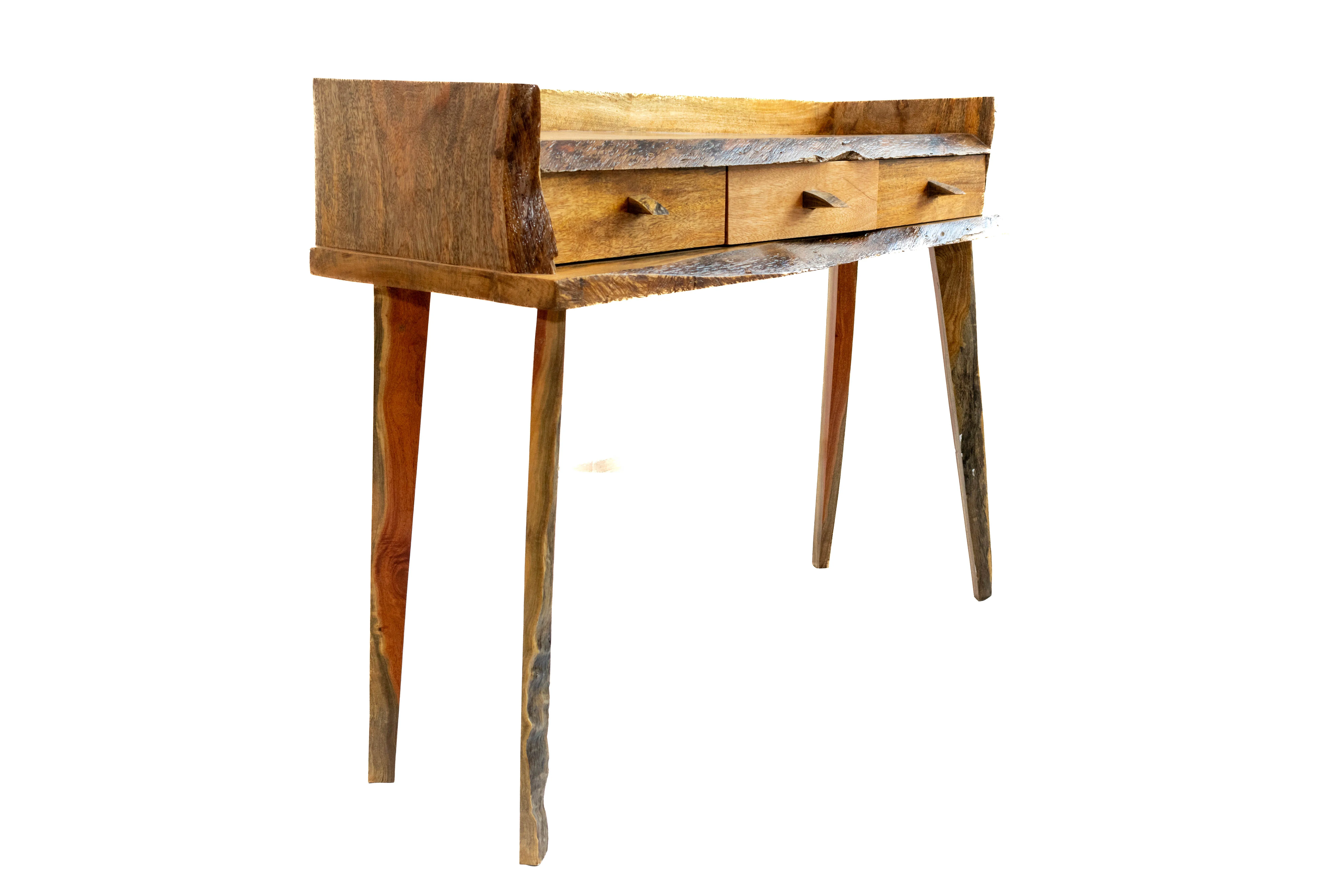3 drawer live edge working desk and console angled view