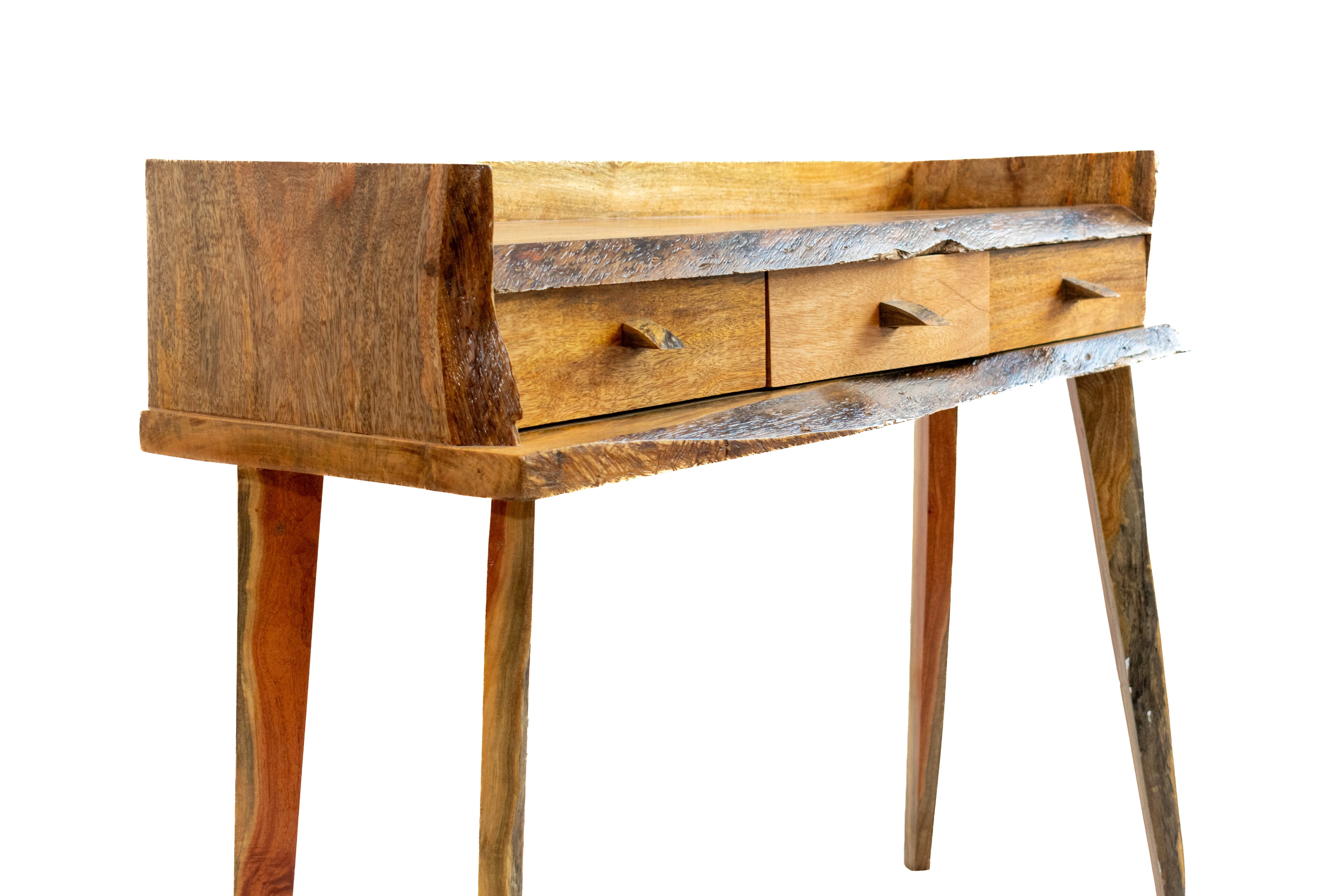 3 drawer live edge working desk and console detail view